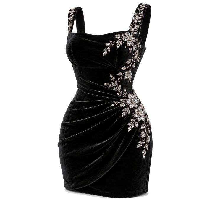 Velvet Mini Dress with Rhinestone Floral
