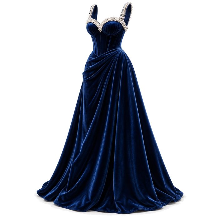 Velvet Pearl-Bodice Maxi Dress