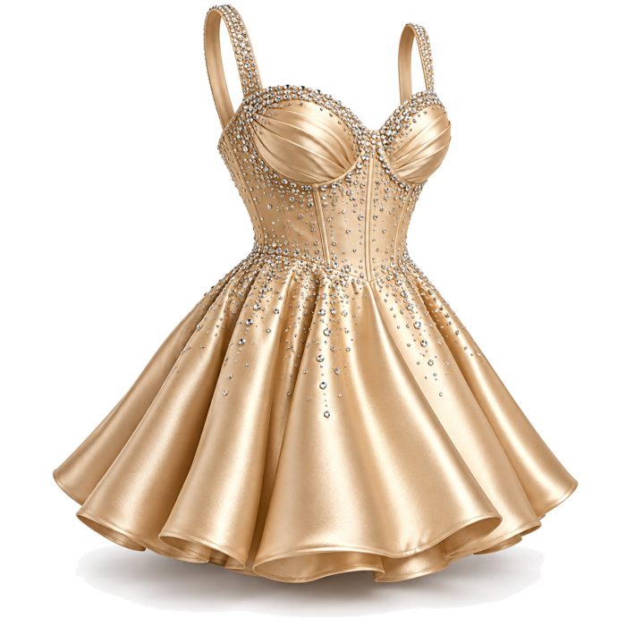 Satin Rhinestone Fit-and-Flare Mini Dress