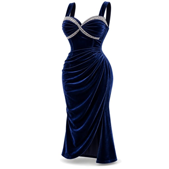 Velvet Midi Dress with Twisted Rhinestone Bust