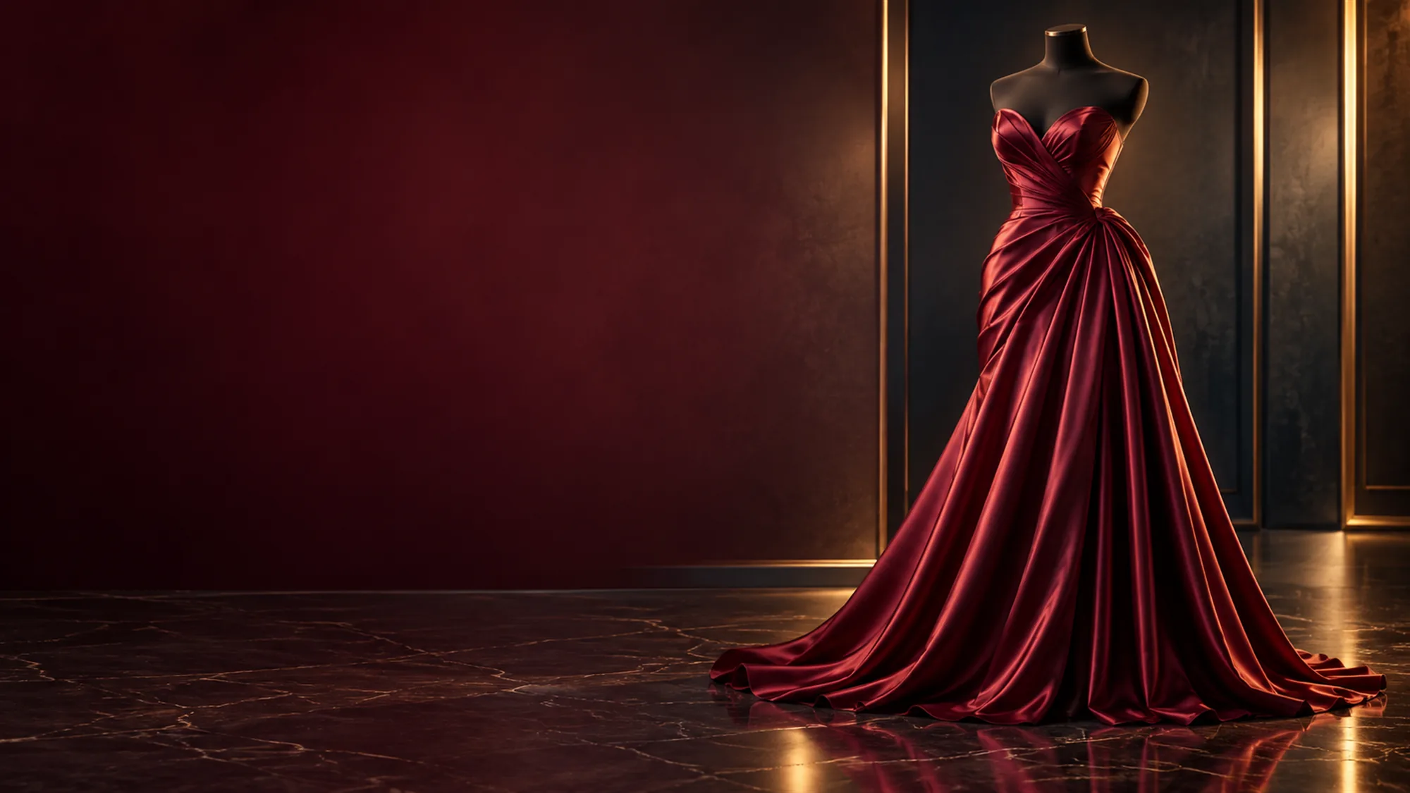 Burgundy satin evening gown in a softly lit room
